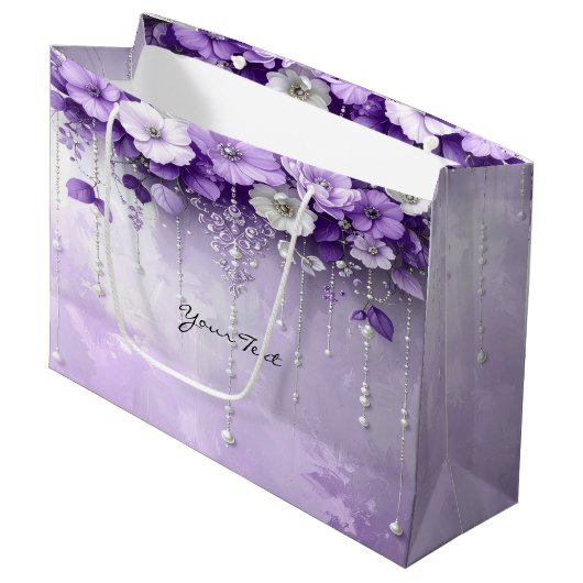 Purple Flowers with Dangling Pearls Gift Bag Groot Cadeauzakje (Voorkant Gekanteld)