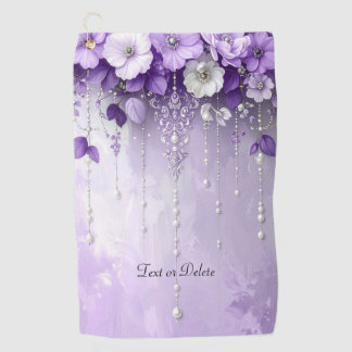 Purple Flowers with Dangling Pearls Golf Towel Golfhanddoek