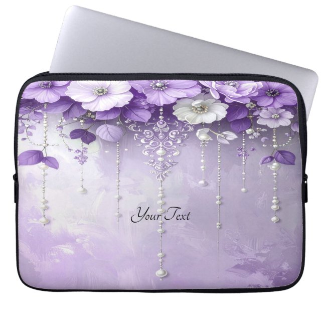 Purple Flowers with Dangling Pearls Laptop Sleeve (Voorkant)