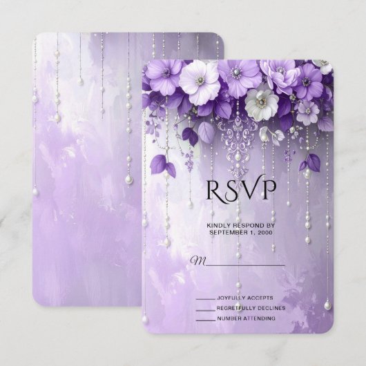 Purple Flowers with Dangling Pearls RSVP Card Kaartje (Voorkant / Achterkant)