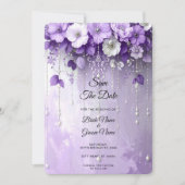Purple Flowers with Dangling Pearls Save The Date (Voorkant)