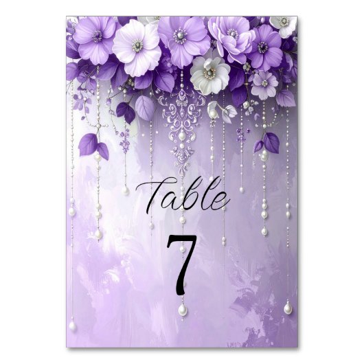 Purple Flowers with Dangling Pearls Table Number Kaart (Voorkant)