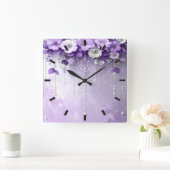 Purple Flowers with Dangling Pearls Wall Clock Vierkante Klok (Huis)
