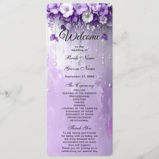 Purple Flowers with Dangling Pearls Wedding Programmakaart (Voorkant)