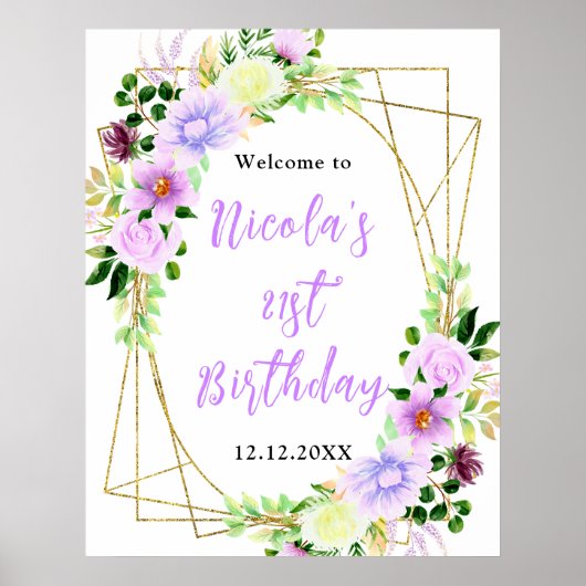 Purple Flowers with Foliage Birthday Welcome Poster (Voorkant)