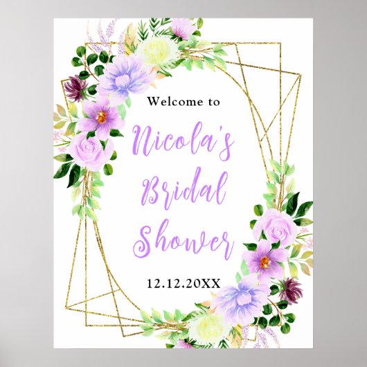 Purple Flowers with Foliage Bridal Shower Welcome Poster (Voorkant)