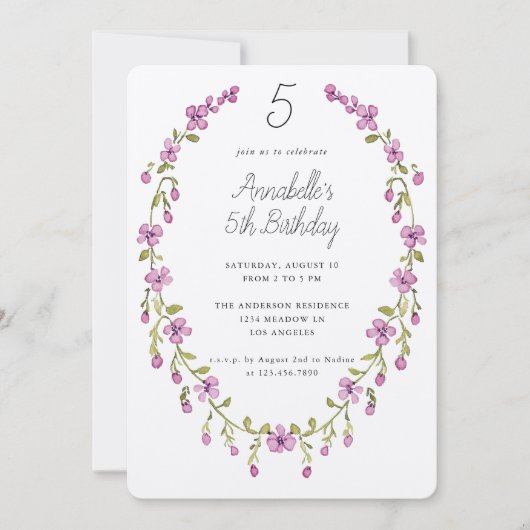 Purple Flowers Wreath Delicate Kids Birthday Party Kaart (Voorkant)