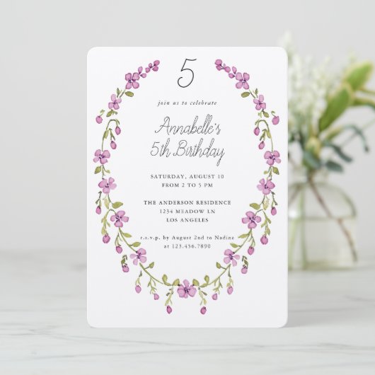 Purple Flowers Wreath Delicate Kids Birthday Party Kaart (Staand voorkant)