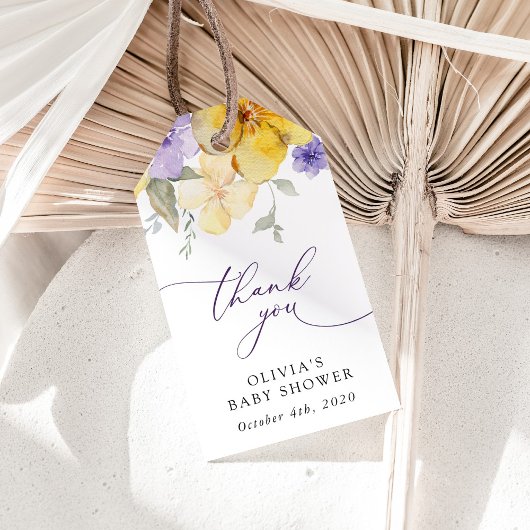 Purple Flowers, Yellow Flowers, Boho, Baby Shower Cadeaulabel
