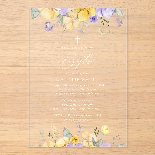 Purple Flowers, Yellow Flowers, Boho, Baptism Acryl Uitnodigingen (Voorkant)