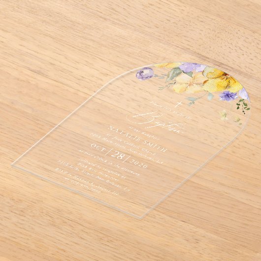 Purple Flowers, Yellow Flowers, Boho, Baptism Acryl Uitnodigingen (Laagn)