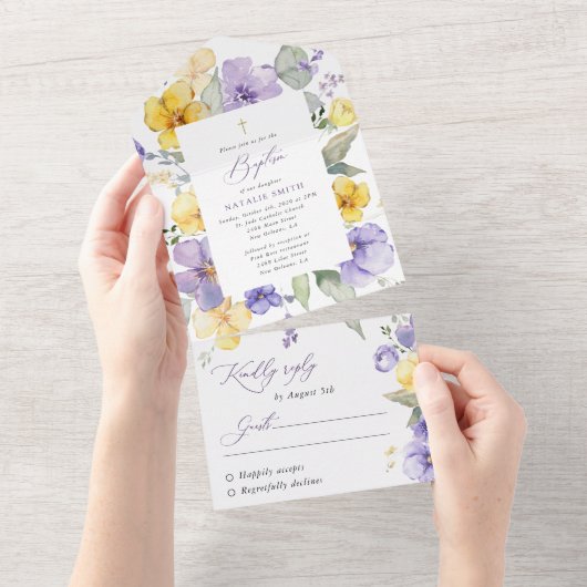 Purple Flowers, Yellow Flowers, Boho, Baptism All In One Uitnodiging (Afscheurbaar)