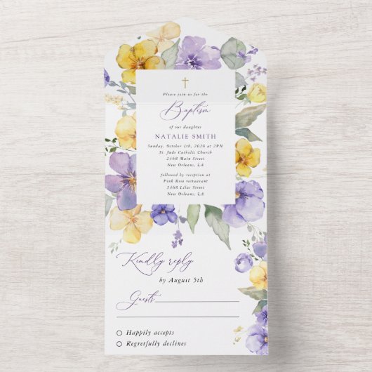 Purple Flowers, Yellow Flowers, Boho, Baptism All In One Uitnodiging (Binnen)