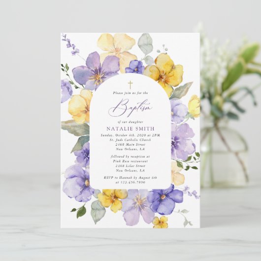 Purple Flowers, Yellow Flowers, Boho, Baptism Kaart (Staand voorkant)