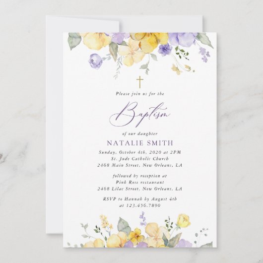 Purple Flowers, Yellow Flowers, Boho, Baptism Kaart (Voorkant)