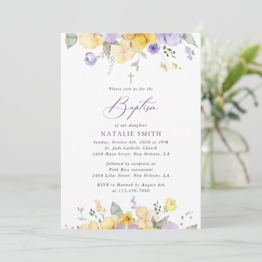 Purple Flowers, Yellow Flowers, Boho, Baptism Kaart (Staand voorkant)