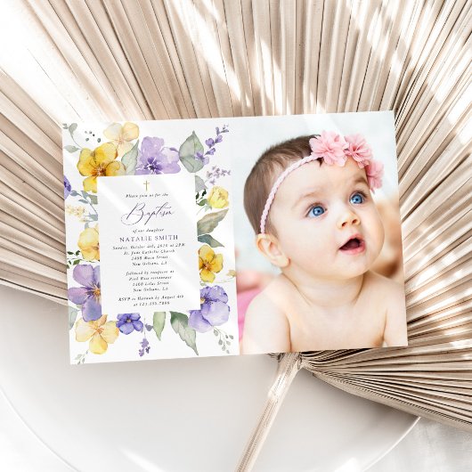 Purple Flowers, Yellow Flowers, Boho, Baptism Kaart