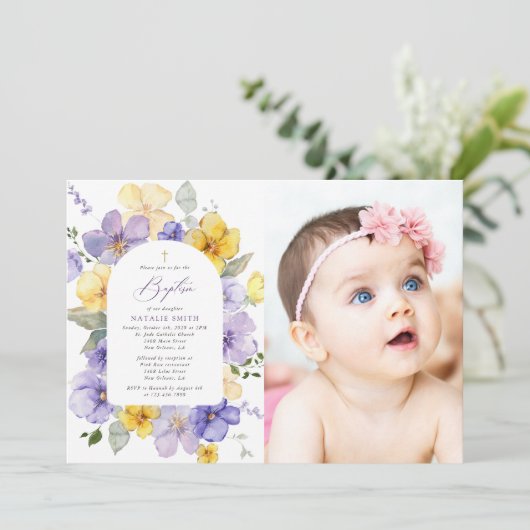 Purple Flowers, Yellow Flowers, Boho, Baptism Kaart (Staand voorkant)