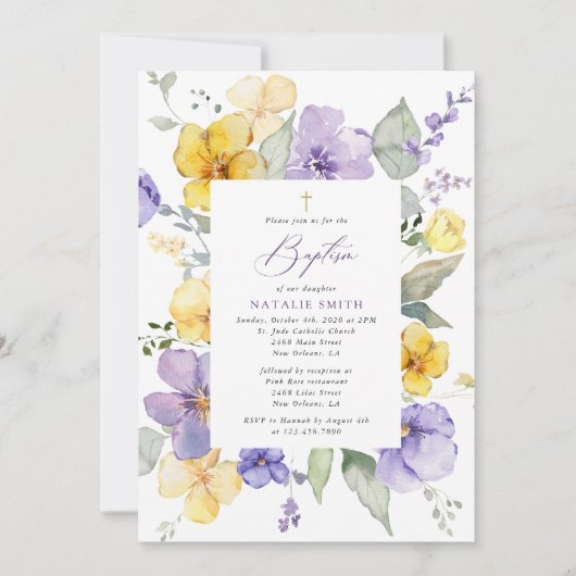 Purple Flowers, Yellow Flowers, Boho, Baptism Kaart (Voorkant)