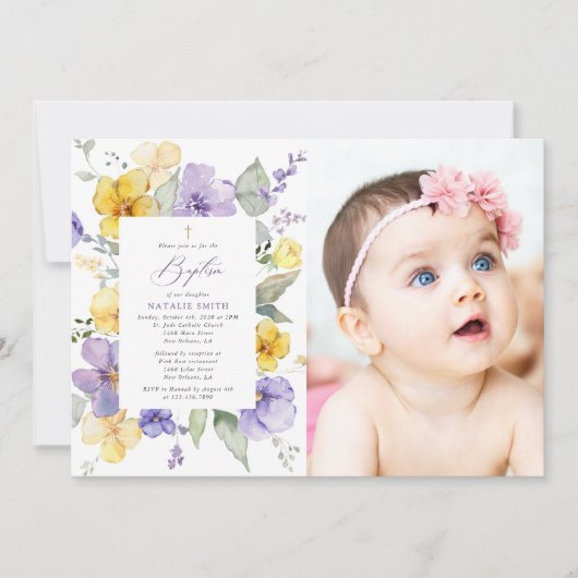 Purple Flowers, Yellow Flowers, Boho, Baptism Kaart (Voorkant)