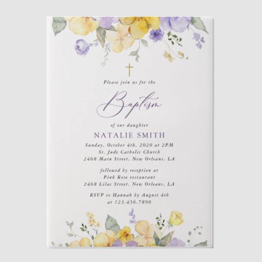 Purple Flowers, Yellow Flowers, Boho, Baptism Vellum Uitnodigingen (Voorkant)