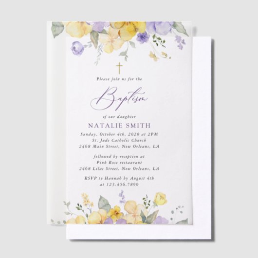 Purple Flowers, Yellow Flowers, Boho, Baptism Vellum Uitnodigingen (Offset)