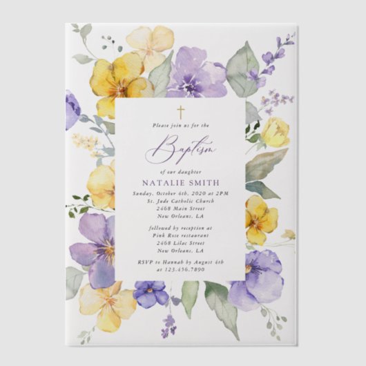 Purple Flowers, Yellow Flowers, Boho, Baptism Vellum Uitnodigingen (Voorkant)