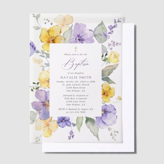 Purple Flowers, Yellow Flowers, Boho, Baptism Vellum Uitnodigingen (Offset)