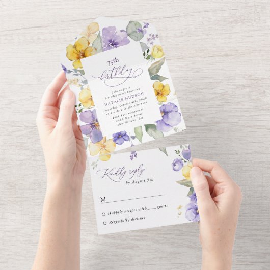 Purple Flowers, Yellow Flowers, Boho, Birthday All In One Uitnodiging (Afscheurbaar)