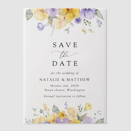 Purple Flowers, Yellow Flowers, Boho Save The Date Vellum Uitnodigingen (Voorkant)