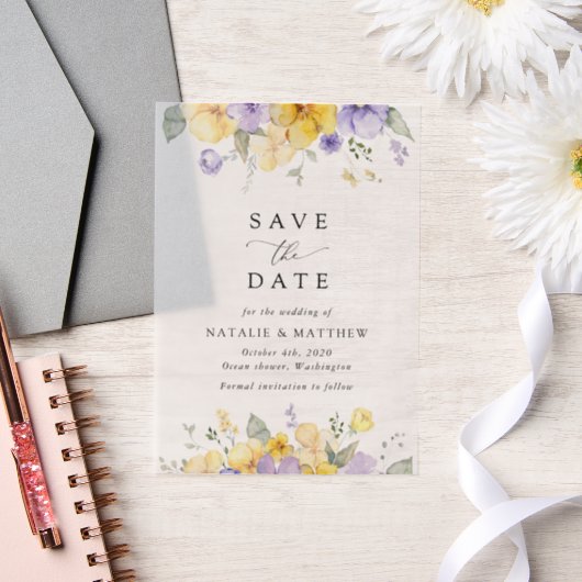 Purple Flowers, Yellow Flowers, Boho Save The Date Vellum Uitnodigingen (Huwelijk)