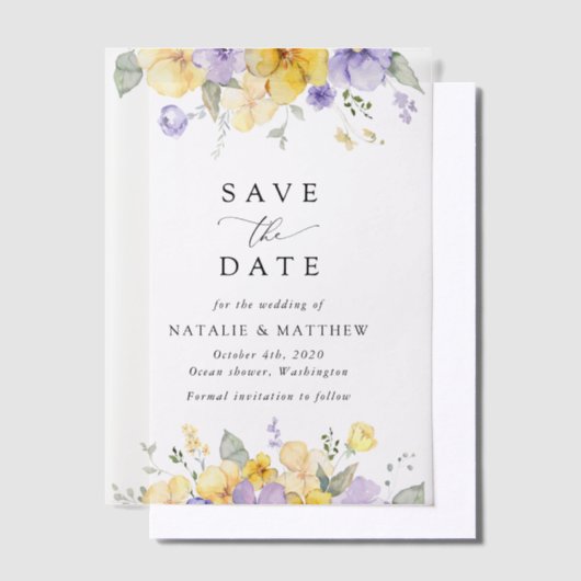 Purple Flowers, Yellow Flowers, Boho Save The Date Vellum Uitnodigingen (Offset)