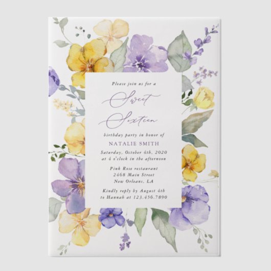 Purple Flowers, Yellow Flowers, Boho, Sweet 16 Vellum Uitnodigingen (Voorkant)