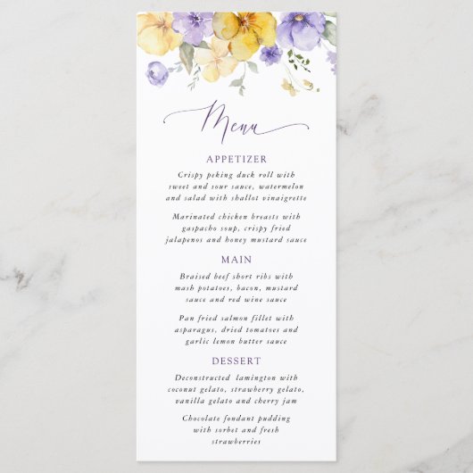 Purple Flowers, Yellow Flowers, Bridal Shower Menu (Voorkant)