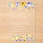 Purple Flowers, Yellow Flowers, First Birthday Acryl Uitnodigingen (Voorkant)