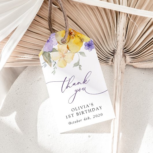 Purple Flowers, Yellow Flowers, First Birthday Cadeaulabel