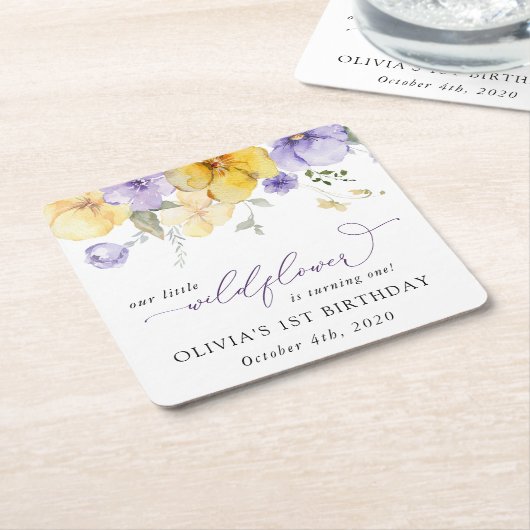 Purple Flowers, Yellow Flowers, First Birthday Kartonnen Onderzetters (Schuin)