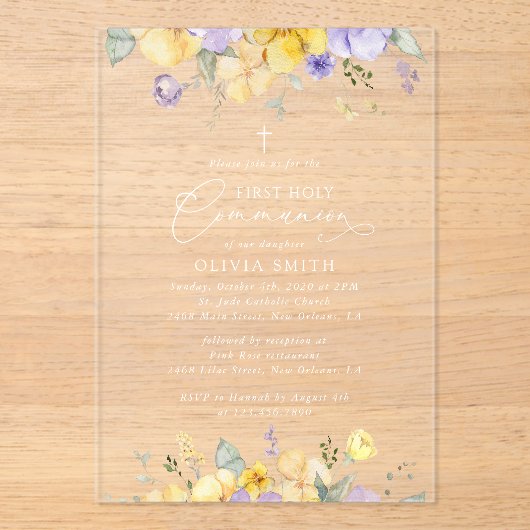 Purple Flowers, Yellow Flowers, First Communion Acryl Uitnodigingen (Voorkant)
