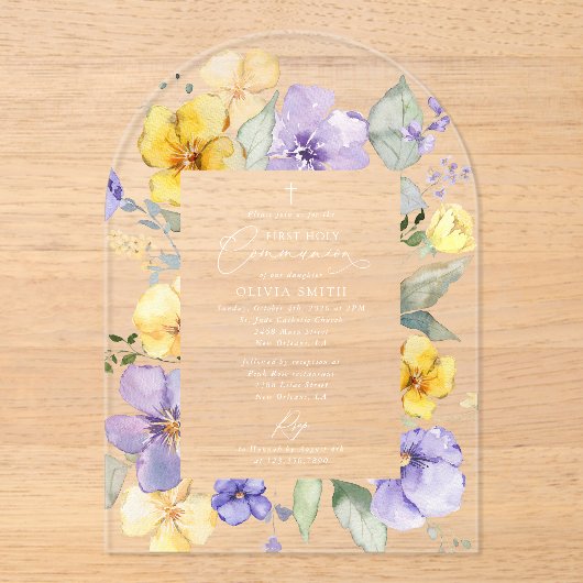 Purple Flowers, Yellow Flowers, First Communion Acryl Uitnodigingen (Voorkant)