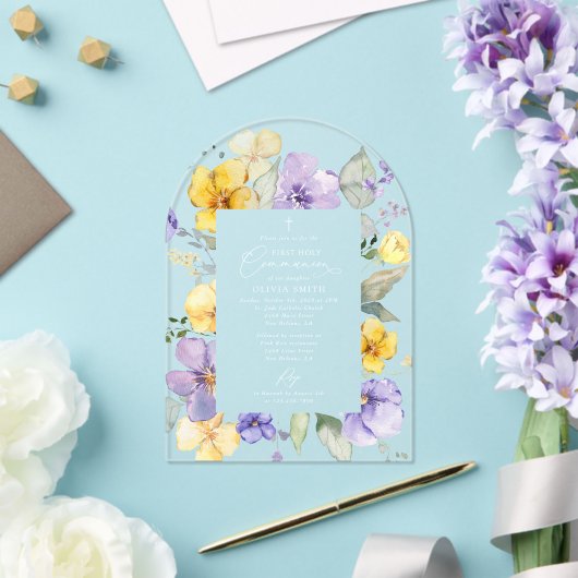 Purple Flowers, Yellow Flowers, First Communion Acryl Uitnodigingen (Insitu (Huwelijk))