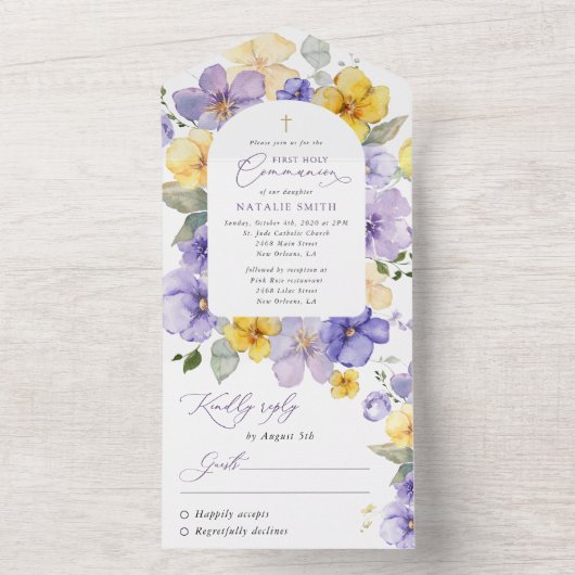 Purple Flowers, Yellow Flowers, First Communion All In One Uitnodiging (Binnen)