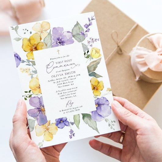 Purple Flowers, Yellow Flowers, First Communion Kaart