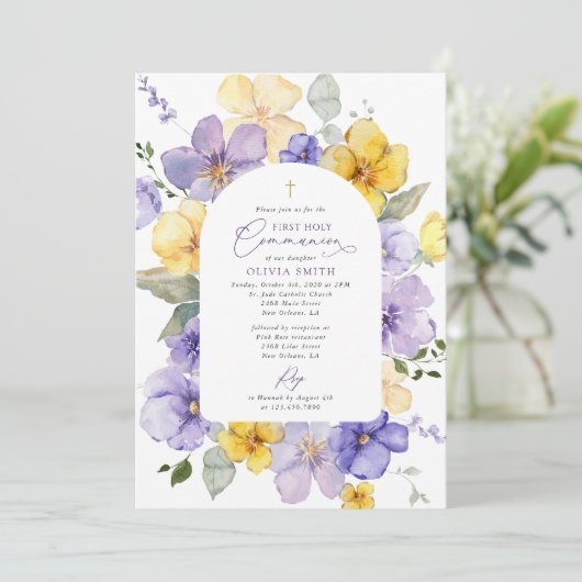 Purple Flowers, Yellow Flowers, First Communion Kaart (Staand voorkant)
