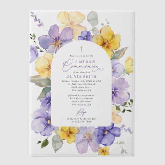 Purple Flowers, Yellow Flowers, First Communion Vellum Uitnodigingen (Voorkant)