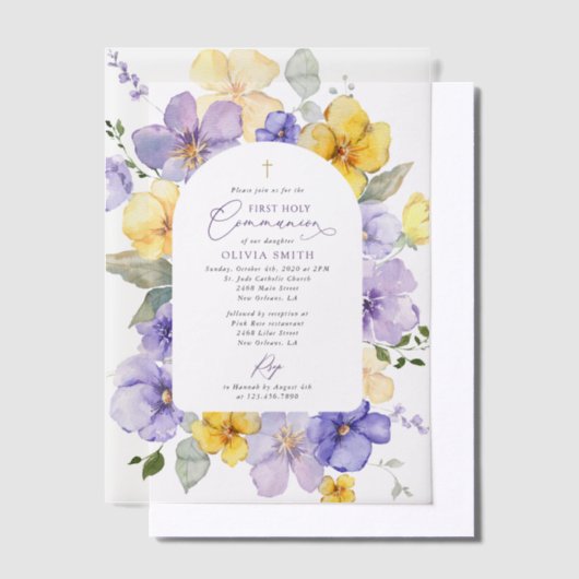 Purple Flowers, Yellow Flowers, First Communion Vellum Uitnodigingen (Offset)