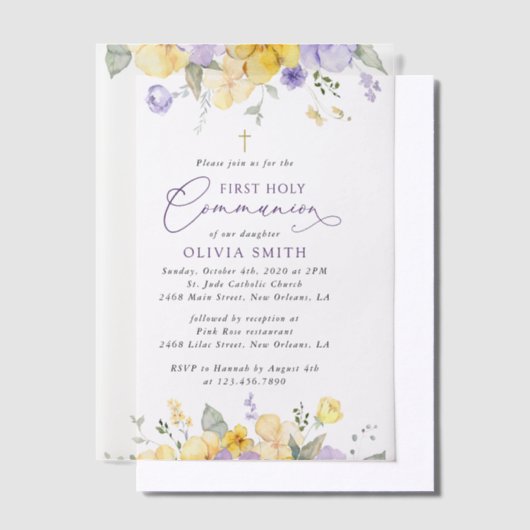 Purple Flowers, Yellow Flowers, First Communion Vellum Uitnodigingen (Offset)