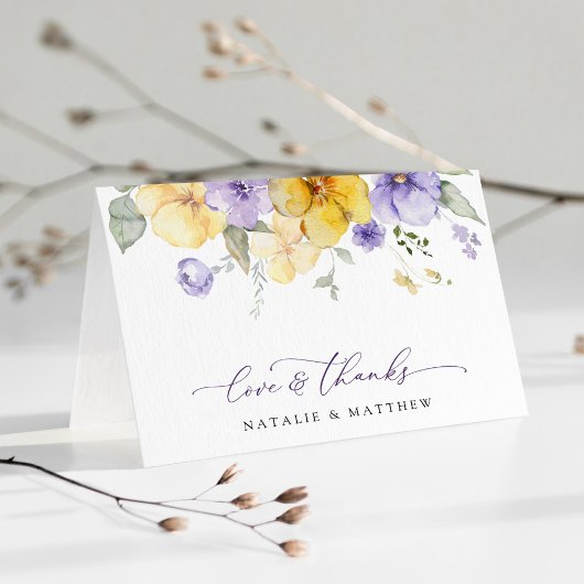 Purple Flowers, Yellow Flowers, Greenery, Wedding Bedankkaart