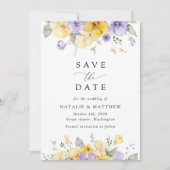 Purple Flowers, Yellow Flowers, Greenery, Wedding Save The Date (Voorkant)