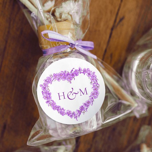 Purple forget me nots inked art wedding monogram ronde sticker