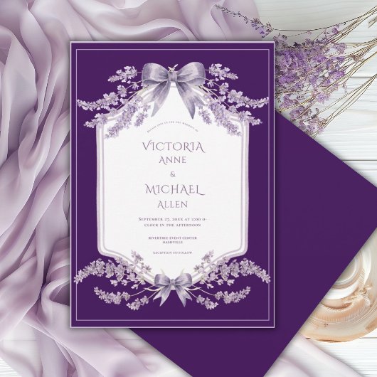Purple Frame Floral Elegant Wedding Invitation Kaart